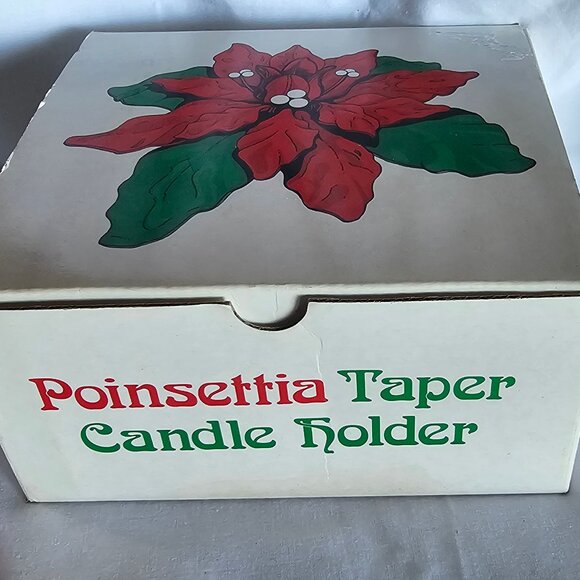 Vtg DEPT 56 3.25" H x 7" Poinsettia Candle Holder Enameled Red & Green Leaves - Picture 5 of 5